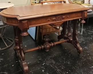 th Century NeoRenaissance Walnut Library Table with Tooled Leather Top