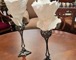 Pair of Art Nouveau Style Coral and Wrought Iron Vases