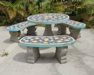 Mosaic Tile Concrete Garden Table and Bench Set Talavera Style