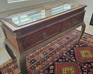 GlassTop Console Table with Textured Wood and Metal Base