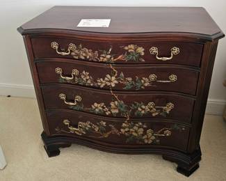 Jasper Mahogany Bombe Chest with HandPainted Floral Motif