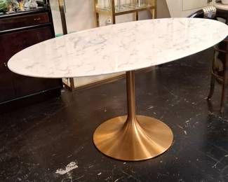 Oval MarbleTop Tulip Dining Table with Brass Pedestal Base