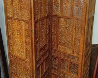 AngloIndian HandCarved Teak FourPanel Folding Screen