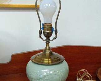Vintage Marbro Celadon Glazed Table Lamp with Carved Floral Motif