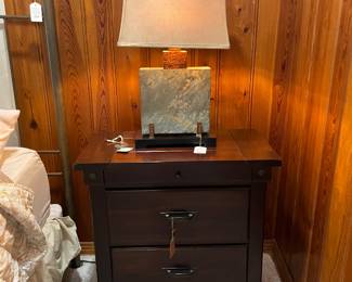 Dark Wood 2 drawer Nightstands, Heavy Stone Lamp