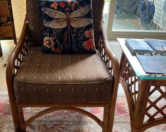 Rattan Armchair, matching glass top end table - included in 5-piece set