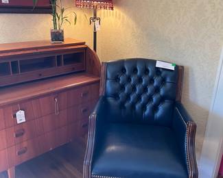 Navy Leather Chair, Floor Lamp