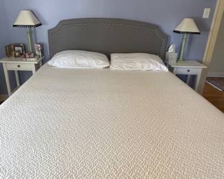 Queen Size Bed, white nightstands, lamps