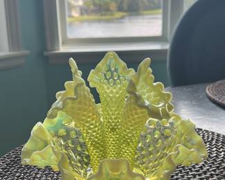 vintage Fenton Topaz Opalescent Hobnail 3-Horn Epergne made of Vaseline (uranium) glass.
