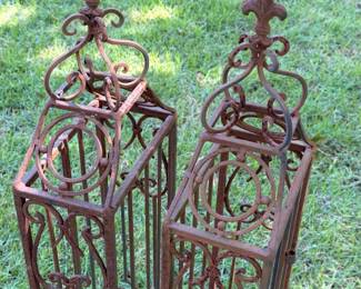 Pair of Ornate Iron Garden Obelisk Trellises with Fleur-de-Lis Finials