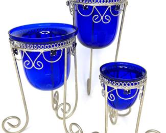 Set of 3 Vintage Cobalt Blue Candle Holders with Metal 3-Leg Stands