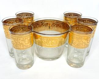 6 MCM 22k Gold Rimmed Starlyte Culver Highball Glasses and Ice Bucket