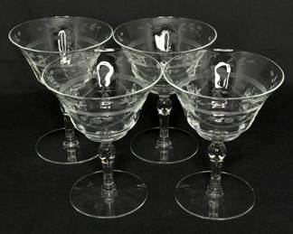 Set of 4 Vintage Floral Etched Wine Glasses