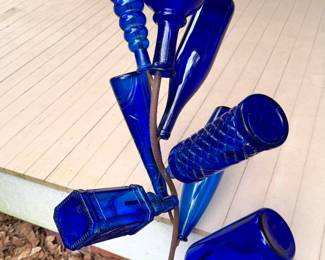 Cobalt Blue Glass Bottle Tree Garden Art on Rebar Frame