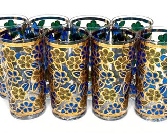 Set of 8 MCM Culver Highball Glasses with Floral Print and 22k Gold Leaf Accents