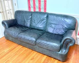 Dark Green Leather Couch with Hammered Nail Trim