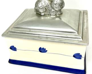 Blue and White Ceramic box with Aluminum Rabbit Lid Made in Mexico