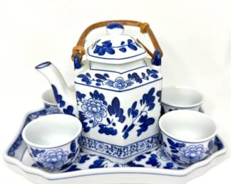 Vintage Blue and White Misty Rose Super White China Tea Set