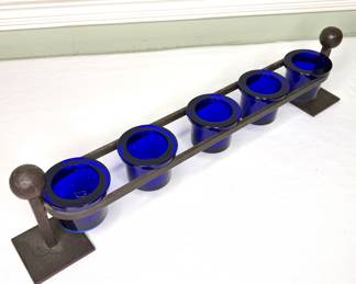 Cast Iron Candle Holder with Blue Cobalt Tea Tight Cups