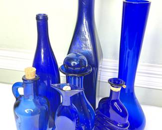 Lot of 7 Blue Cobalt Bottles and Jars