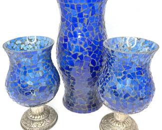 Set of Decorative Blue Mosaic Glass Vases / Candleholders