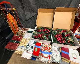 Christmas table, linens, and decor, vintage sled