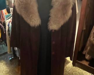 Vintage Suede Trench Coat with Faux Fur Collar