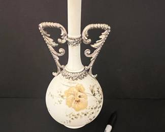 Victorian Style Milk Glass Bud Vase with Ornate Metal Mounts