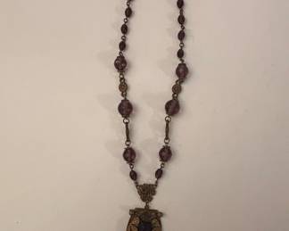 Vintage Art Deco Czech Amethyst-Colored Glass Filigree Necklace