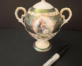 Vintage Porcelain Covered Sugar Bowl with Fragonard Courting Couple Motif