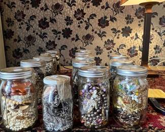 Collection of Assorted Costume Jewelry in Mason Jars