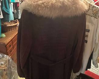 Vintage Suede Trench Coat with Faux Fur Collar