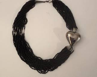 Multi-Strand Black Seed Bead Necklace with Sterling Silver Heart Pendant