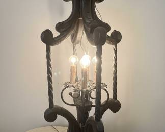 Spanish Revival Wrought Iron and Wood Candelabra Table Lamp