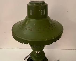 Vintage Mid-Century Olive Green Toleware Hurricane Table Lamp