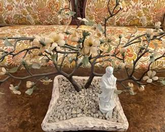 Vintage Chinese Semi-Precious Stone Bonsai Tree with Guanyin Figurine