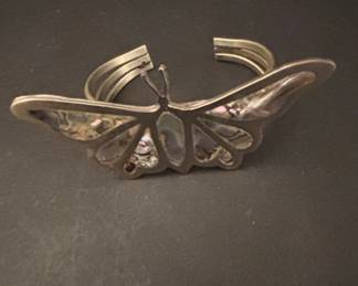 Vintage Mexican Sterling Silver and Abalone Butterfly Cuff Bracelet