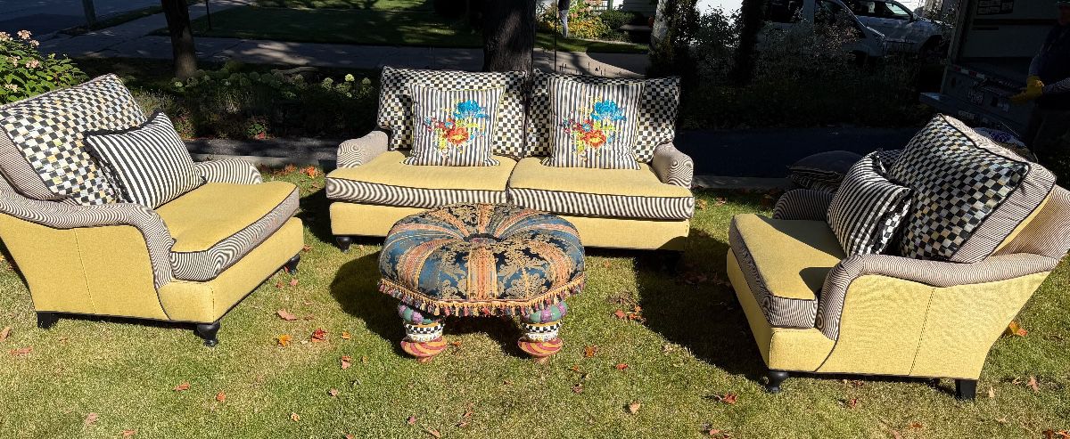 Mackenzie-Childs upholstered furniture; sofa $4500, chairs $1800 ea. , ottoman $550: These pieces have been moved to an alternate location and are available for early pre-sale. Please call for appointment. 