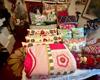 Large collection of pillows; many Mackenzie-Childs textiles