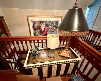 Mackenzie-Childs bench, lamp, tray; Pewabic pottery lamp