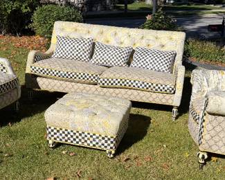 Mackenzie-Childs Underpinnings Studio 3 pc. upholstered seating; sofa $4500, chairs $1800 ea. , ottoman $550: These pieces have been moved to an alternate location and are available for early pre-sale. Please call for appointment. 