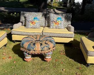 Mackenzie-Childs upholstered furniture; sofa $4500, chairs $1800 ea. , ottoman $550: These pieces have been moved to an alternate location and are available for early pre-sale. Please call for appointment. 