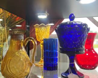 Tons of vintage glass. Cobalt, amber, depression. Hapsburg crown candy jars
