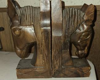 WOOD CARVED 70's HORSE BOOKENDS
