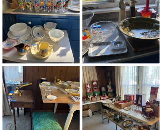 McDonald’s Glasses, coring ware Pyrex, Los Angeles pottery, Christmas village houses, silver trays & bowls