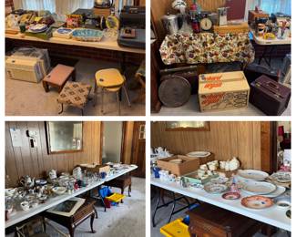 Old typewriters, stools,old organ, old briefcases, china sets, china plates,end tables