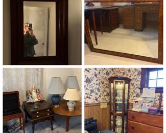 2 old mirrors, silverware table, curio cabinet