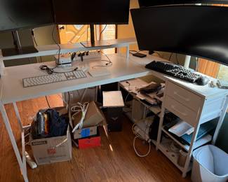 corner computer desk with drawers and monitor shelf