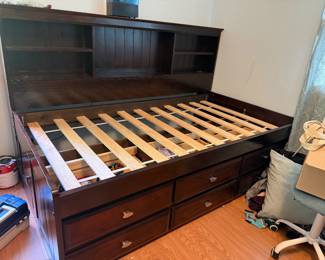 Twin bed, shelves, storage, drawers