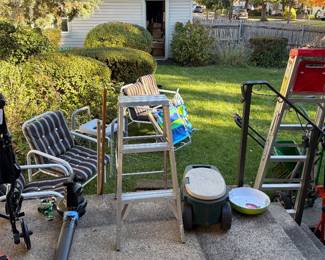 Ladders , seed spreader ,handheld blowers , vintage tools 